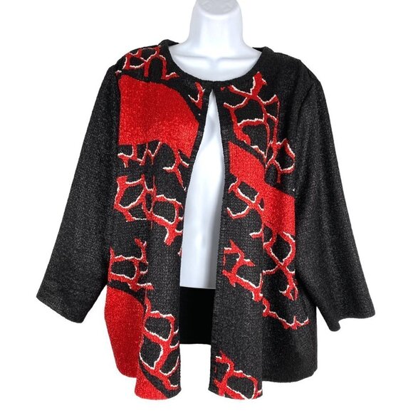 Chico's Travelers Collection Cardigan Jacket Textured Black Red Print Size 3 - Picture 1 of 7